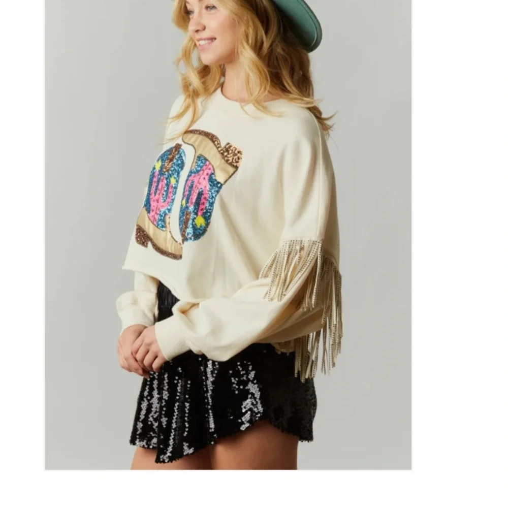 Boot Kickin' Sequin Fringe Crop Sweatshirt